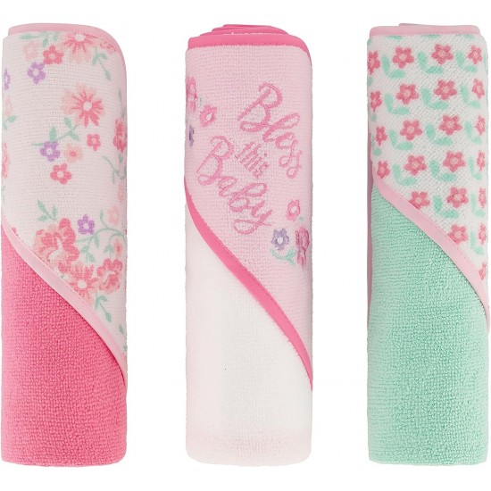 Buttons & Stitches Baby Girl 3 Pack Hooded Towels in Bless This Baby Print