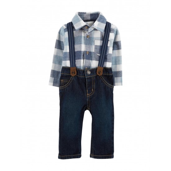 Carters Buffalo Plaid Bodysuit Suspender Pants Set - Blue 