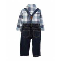 Carters Buffalo Plaid Bodysuit Suspender Pants Set - Blue 