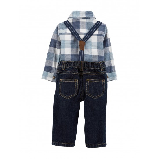 Carters Buffalo Plaid Bodysuit Suspender Pants Set - Blue 