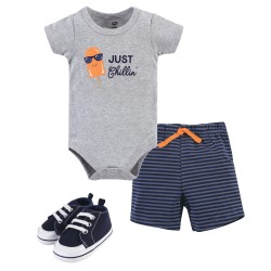Hudson Baby 3-Piece Chillin' Popsicle Bodysuit, Short and Shoe Set in Grey