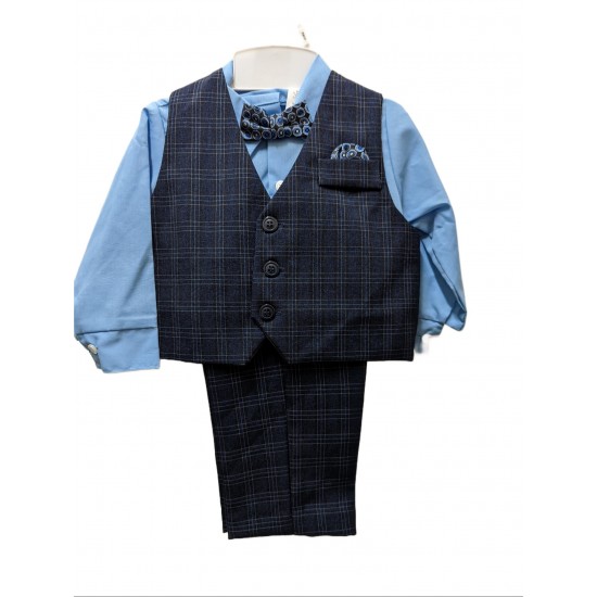 Textured Plaid Vest with Dress Shirt with Pant and Tie 4 Piece Set - 18m