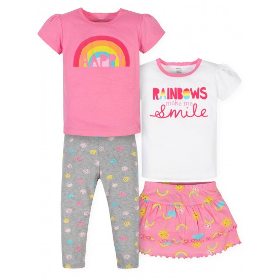 Gerber Baby Girls T-Shirts, Skort & Leggings, 4pc Outfit Set - Rainbow