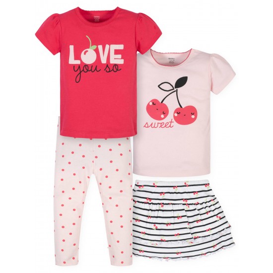 Gerber Baby Girls T-Shirts + Skort +  Leggings 4pc Outfit Set - Cherries