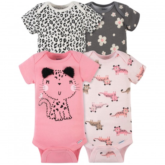 Gerber 4-Pack Baby Girls Leopard Short Sleeve  Bodysuits