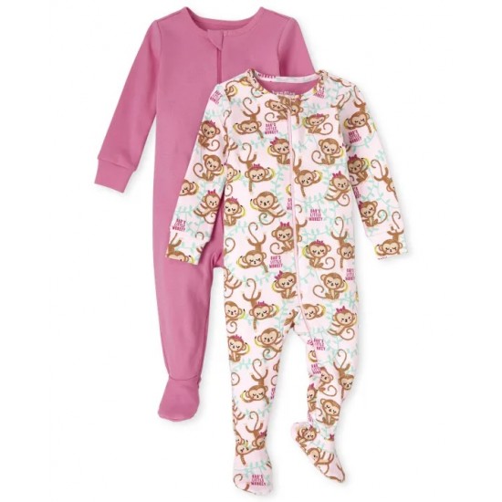 Baby Girl Monkey Snug Fit Cotton One Piece Pajamas 2-Pack