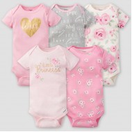 Gerber Baby Girls' 5pk Floral Short Sleeve Onesies - Pink/Off-White/Gray