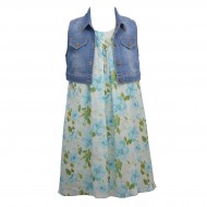 Bonnie Jean  Chiffon Trapeze Dress + Denim Vest & Necklace Set- Little/Big Girls 