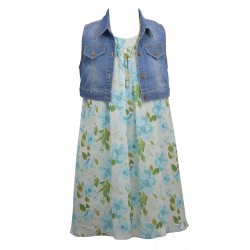 Bonnie Jean  Chiffon Trapeze Dress, Denim Vest, & Necklace Set- Little/Big Girls 