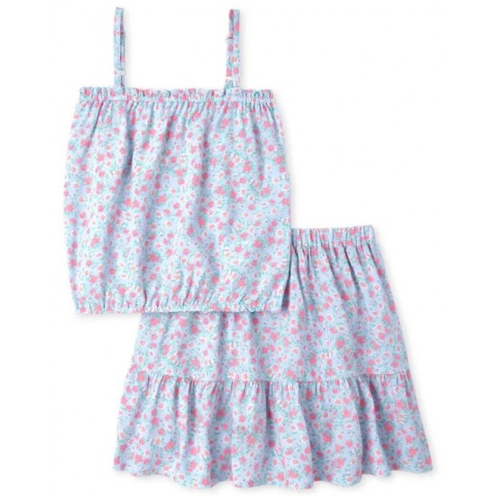 Girls Floral Smocked Tank Top And Skirt 2-Piece Set 