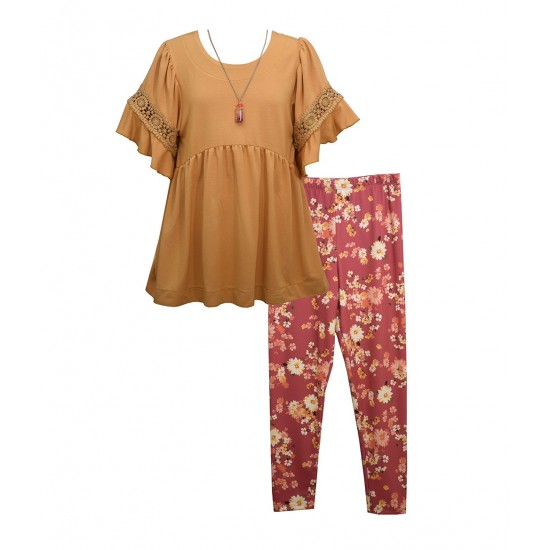 Bonnie Jean Mustard Crochet Tunic Top Pink Floral Legging Set - Girls 7-16 