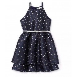 Emerald Sundae Big Girls Belted Sleeveless Fit + Flare Dress - Navy/Silver 