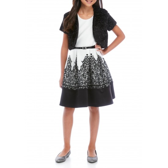 Beautees Girls 7-16 Black Shrug Over Ivory Scuba Dress